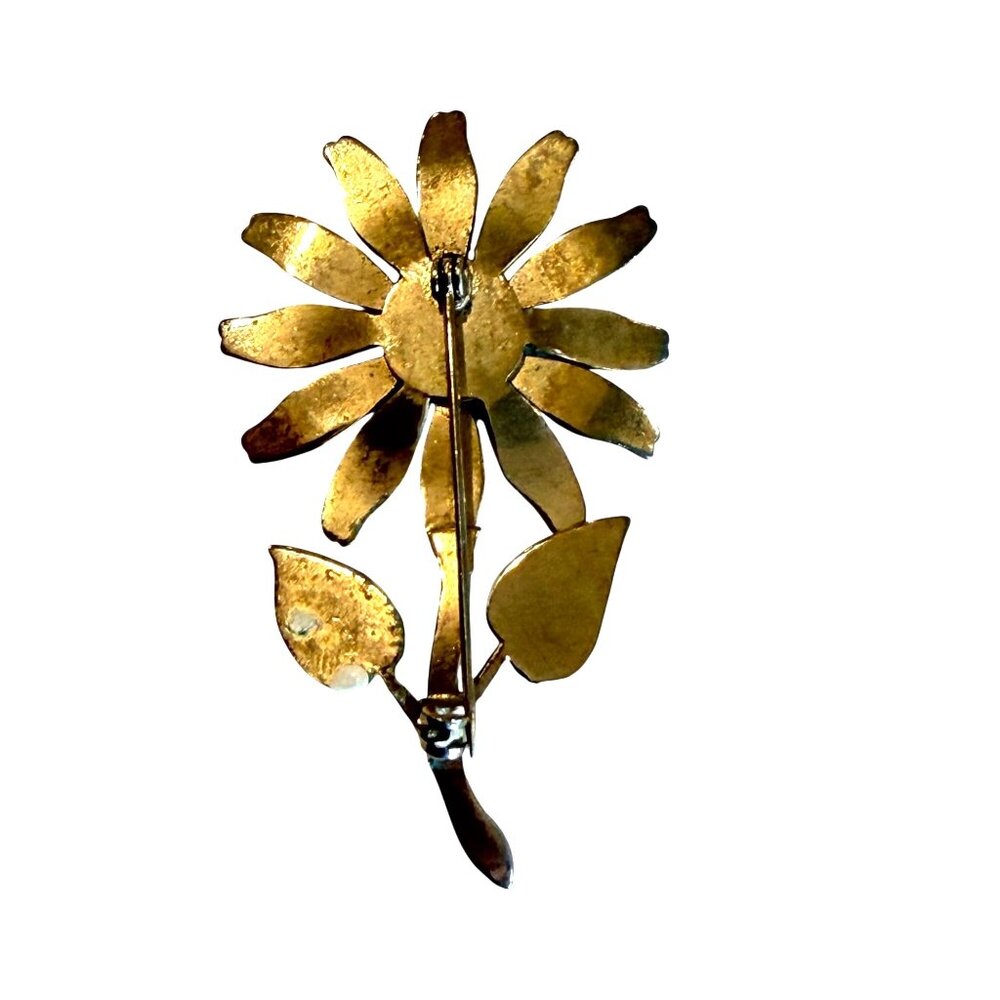 Enamel Daisy Flower Brooch Pin Vintage Gold-Tone Green Leaves Yellow - Picture 3 of 4